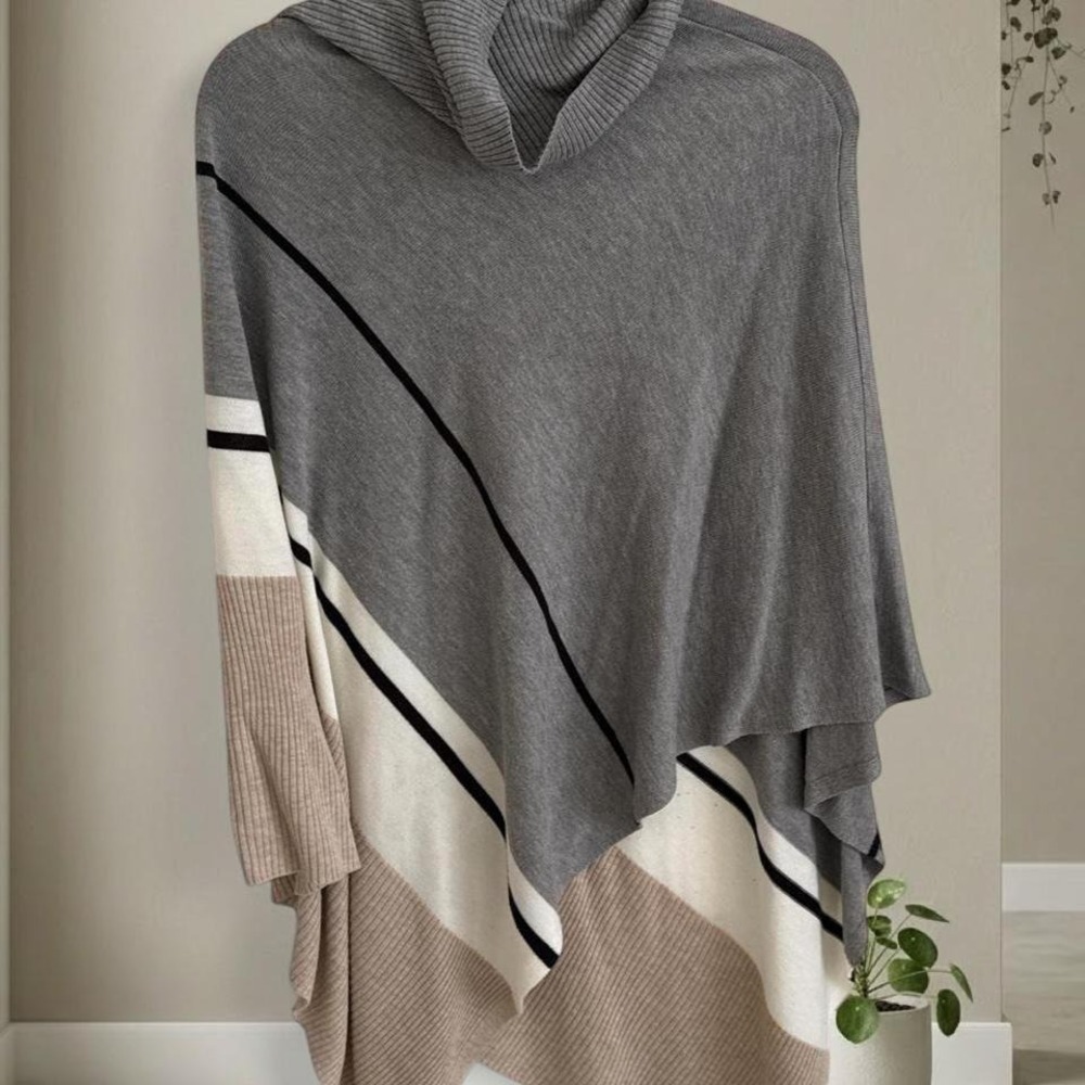 Calvin Klein Asymmetrical Grey and cream striped poncho sweater #winterfashion